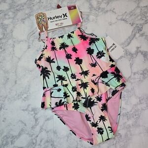 Hurley Tankini Two-Piece Swimsuit Size 7/8 Multicolor Palm Print